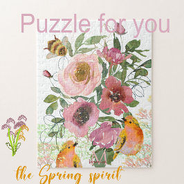 Rompecabezas blanco con flores rosadas con aves