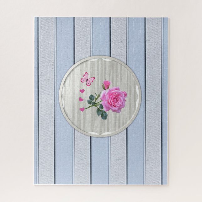 Rompecabezas Blue Stripe Pink Rose Floral (Vertical)