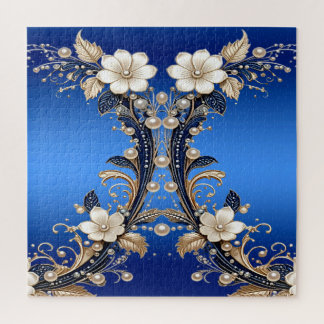 Rompecabezas con Adorno Floral Blanco Azul