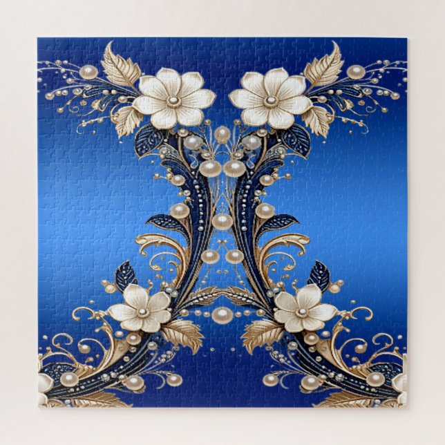 Rompecabezas con Adorno Floral Blanco Azul (Vertical)
