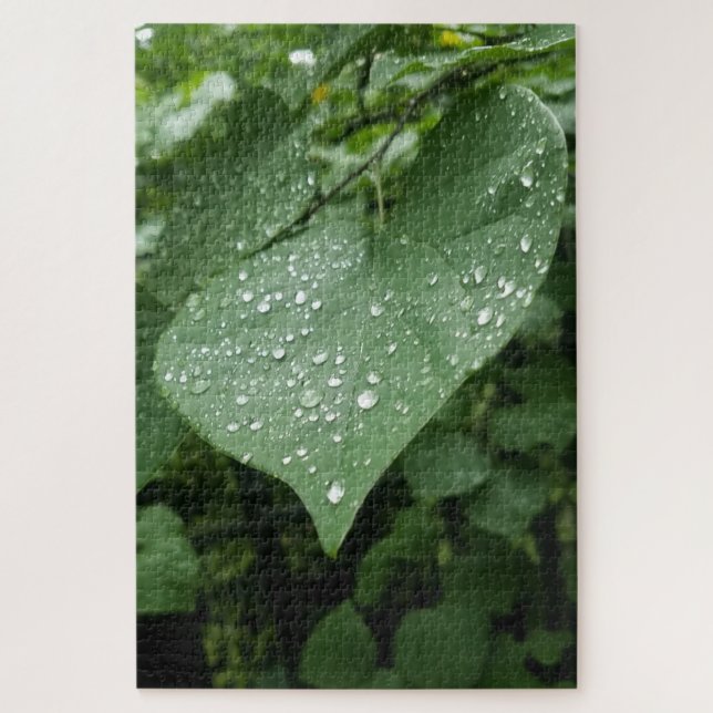 Rompecabezas con hojas verdes y gotas de lluvia (Vertical)