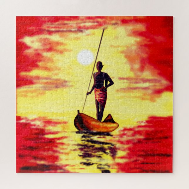 Rompecabezas con pescadores en el barco al atardec (Horizontal)