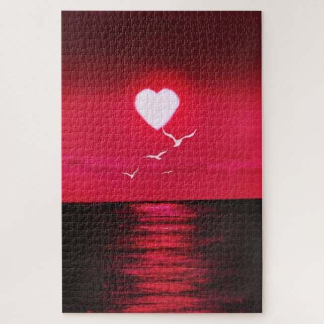 Rompecabezas de amor de puesta de sol en el mar ro (Vertical)