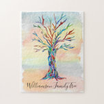 Rompecabezas de árbol de familia de nombres person<br><div class="desc">Rompecabezas de árbol de familia de nombres personalizados. Este elegante rompecabezas está decorado con un colorido diseño de árbol familiar sobre fondo acuático. Personalizar con tu apellido. El árbol se hizo originalmente en mosaico usando pequeños trozos de vidrio de color. Original Mosaico © Michele Davies.</div>