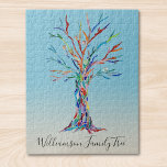 Rompecabezas de árbol familiar personalizado<br><div class="desc">Rompecabezas de árbol familiar personalizado Este elegante rompecabezas está decorado con un colorido diseño de árbol familiar en un fondo oscuro azul. Personalizar con tu apellido. El árbol se hizo originalmente en mosaico usando pequeños trozos de vidrio de color. Original Mosaico © Michele Davies.</div>