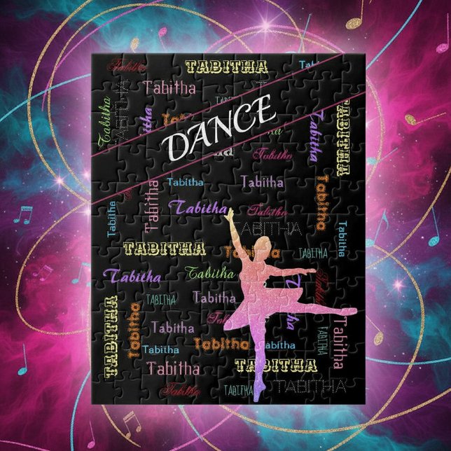 Rompecabezas de baile con nombre personalizado por (Personalized Name Dance Puzzle in Rainbow Colors with Ombre Ballerina)