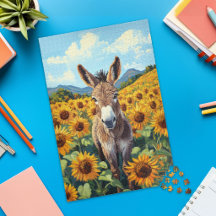 Rompecabezas de burro en campo de girasoles