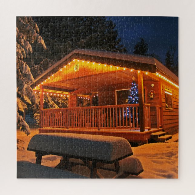 rompecabezas de cabaña de Navidad nieve noche (Vertical)