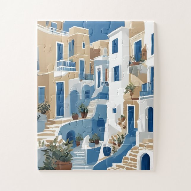 Rompecabezas de Callejón Costero Moderno Azul y Bl (Vertical)