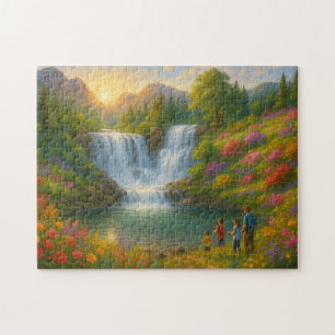 Rompecabezas de cascada al amanecer en la montaña 