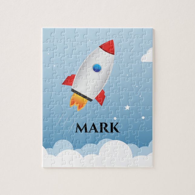 Rompecabezas de cohetes con el nombre del niño. (Vertical)