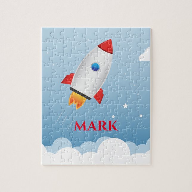 Rompecabezas de cohetes con el nombre del niño. (Vertical)