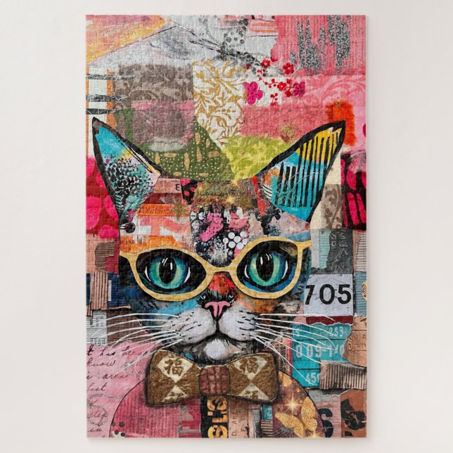 Rompecabezas de collage de papel mixto de gato (Vertical)