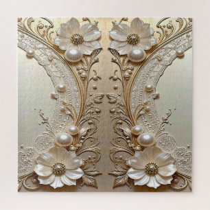 Rompecabezas de flores blancas modernas y perlas