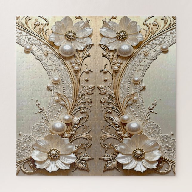 Rompecabezas de flores blancas modernas y perlas (Vertical)