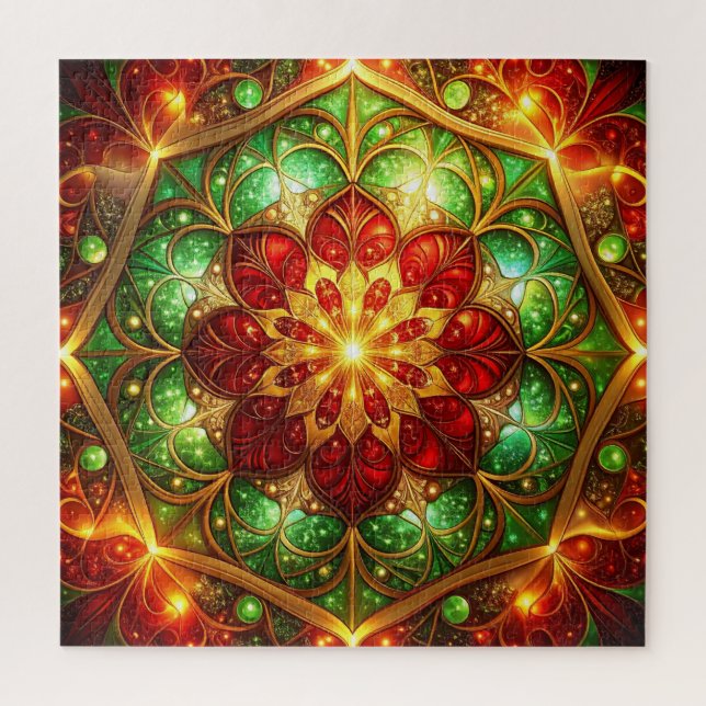 Rompecabezas de flores decorativas rojas y verdes (Vertical)