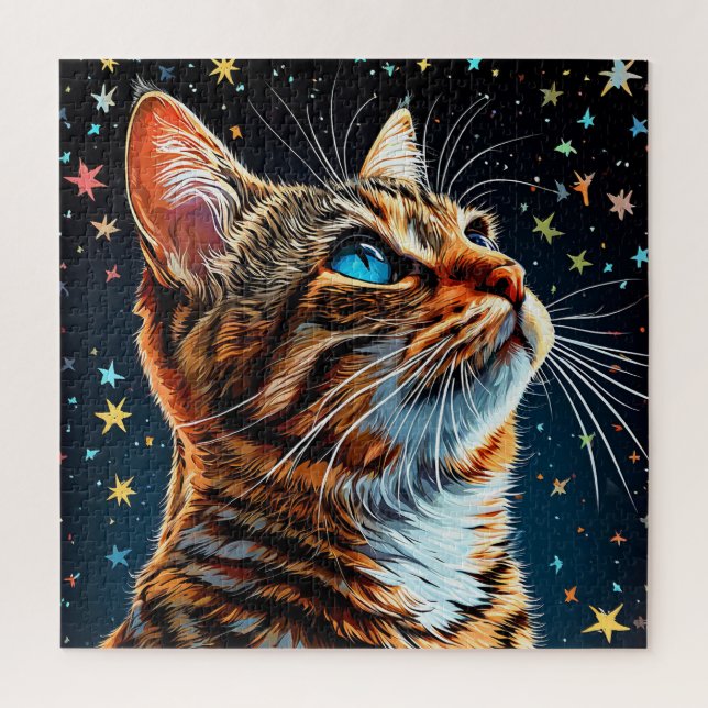 Rompecabezas de Gato Atigrado de Ojos Azules Noche (Vertical)