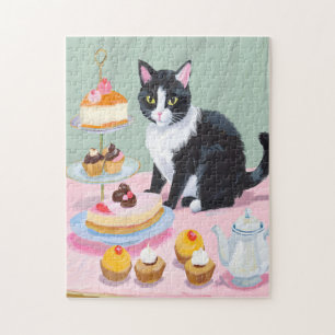 Rompecabezas de gato blanco y negro, té y pasteles