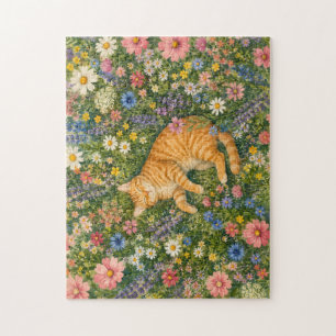 Rompecabezas de Gato Naranja Durmiendo en Flores S
