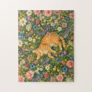 Rompecabezas de Gato Naranja Durmiendo en Flores S