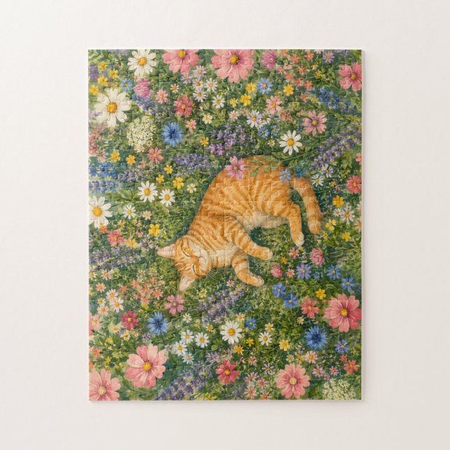 Rompecabezas de Gato Naranja Durmiendo en Flores S (Vertical)