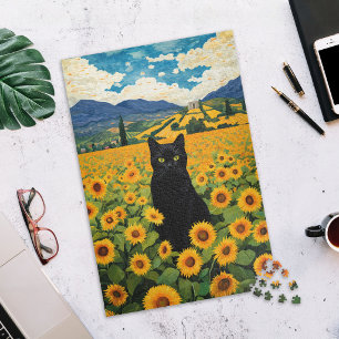Rompecabezas de gato negro en campo de girasoles