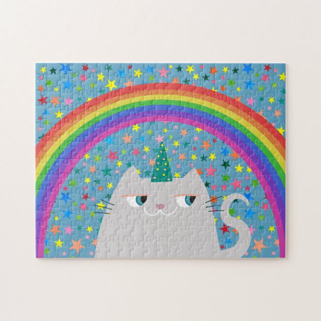 Rompecabezas de Gato Unicornio Arcoíris Estrellas  (Horizontal)