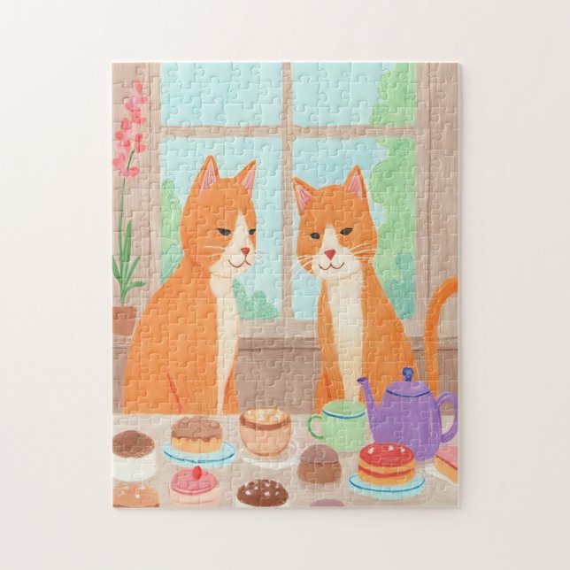 Rompecabezas de gatos naranjas y fiesta del té (Vertical)