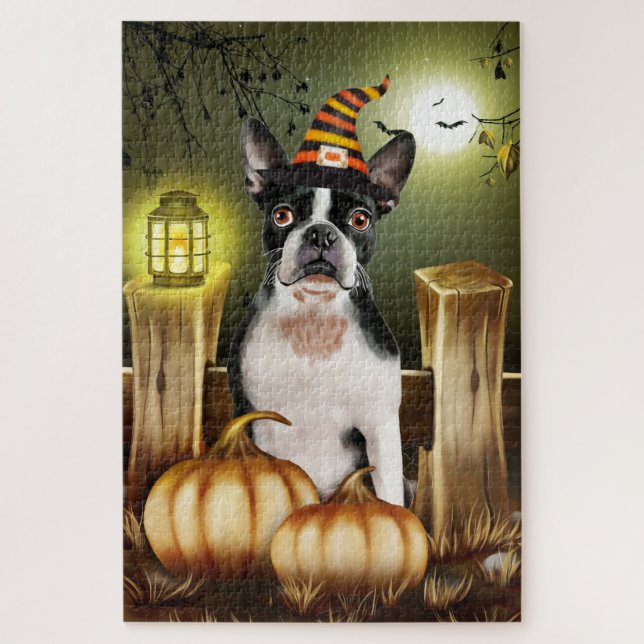 Rompecabezas de Halloween de Boston Terrier. (Vertical)