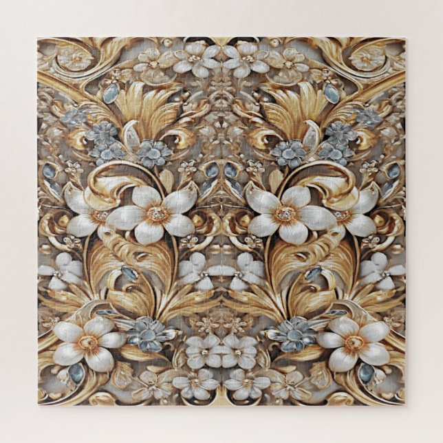 Rompecabezas de jigsaw floral blanca dorada decora (Vertical)