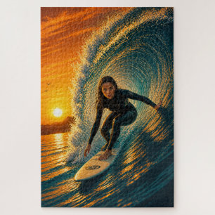 Rompecabezas de la chica surfista del barril dorad