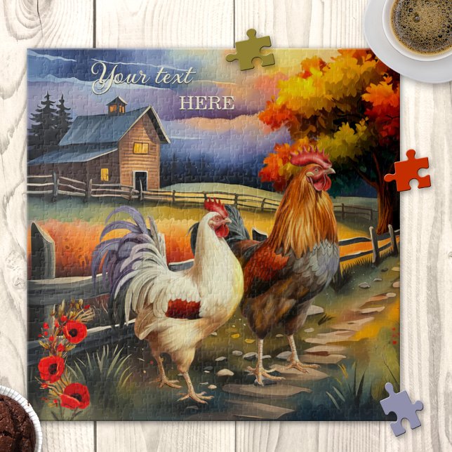 Rompecabezas de la granja de pollo de gallo Bella  (Puzzle featuring a colorful fine art painting of a rooster and chicken with a farm in the country)