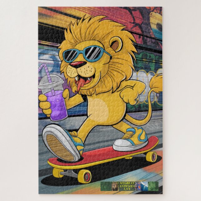 Rompecabezas de León Marcos 2, en su patineta. (Vertical)