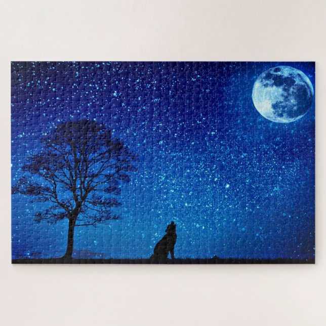 Rompecabezas de lobo en noche de luna llena (Horizontal)