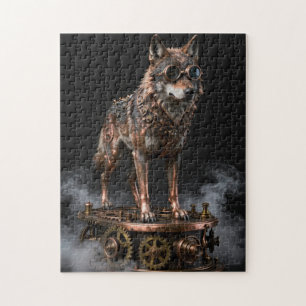 Rompecabezas de lobo mecánico steampunk sobre engr