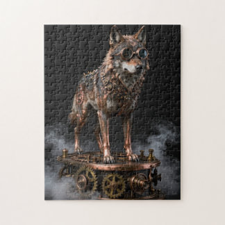 Rompecabezas de lobo mecánico steampunk sobre engr