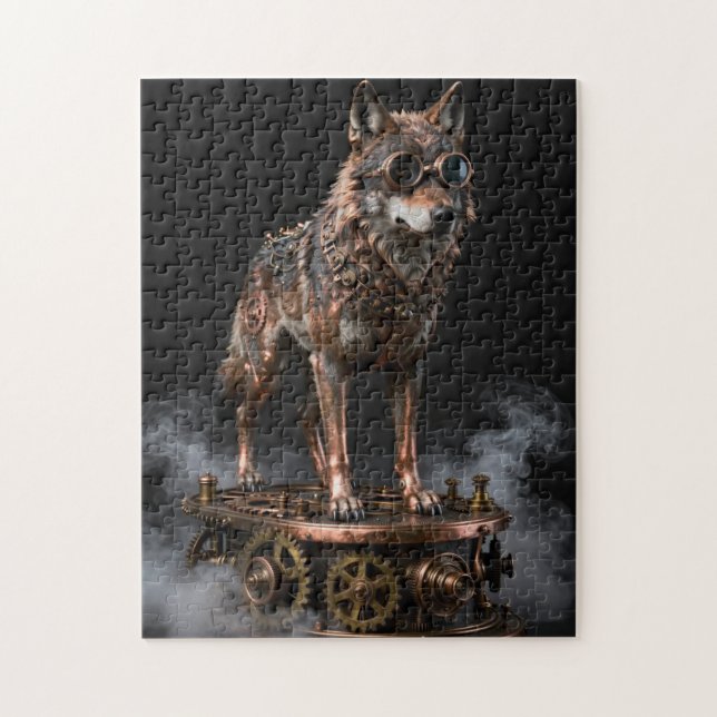 Rompecabezas de lobo mecánico steampunk sobre engr (Vertical)