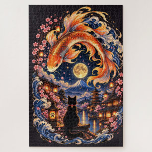 Rompecabezas de luna de gato japonés y pez koi