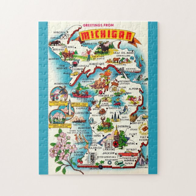 Rompecabezas de mapa vintage de Michigan 11x14 col (Vertical)