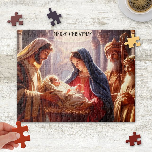 Rompecabezas de Navidades de Jesucristo (Christmas puzzle featuring a painting of baby Jesus Christ with his parents and wise men.)