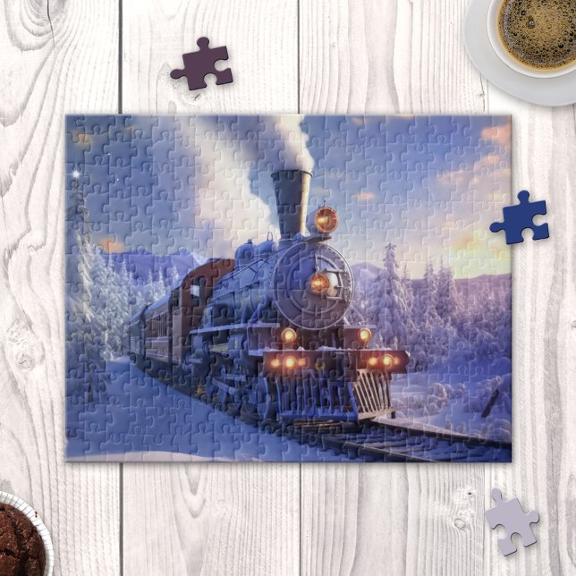 Rompecabezas de Navidades de locomotoras en el tre (Puzzle featuring a steam train locomotive in a snow covered winter landscape at sunset)