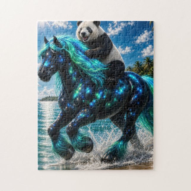 Rompecabezas de panda montando caballo frisón en l (Vertical)