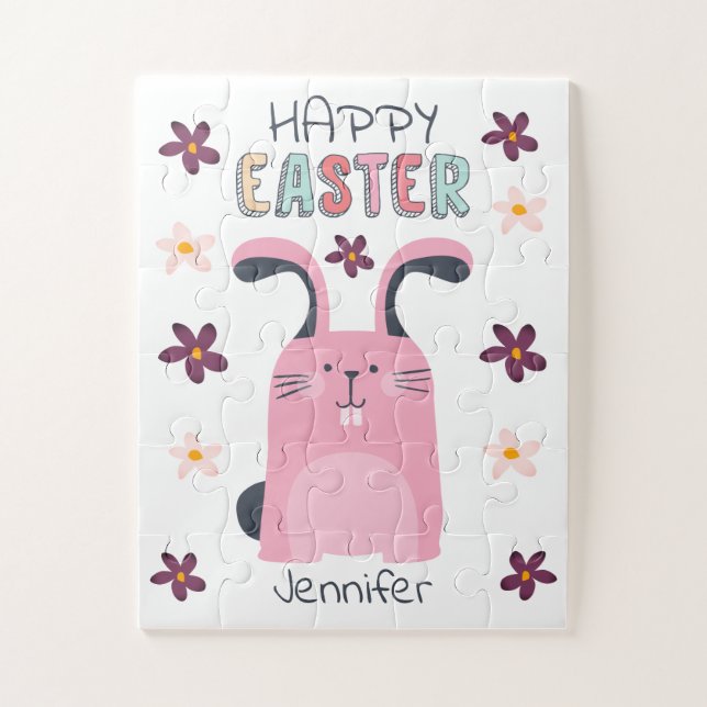 Rompecabezas de Pascua con conejo rosa y flores pa (Vertical)