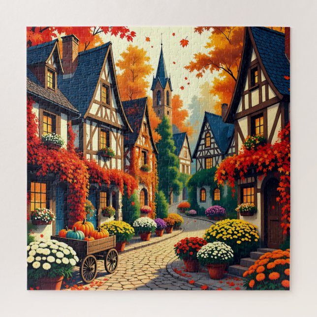 Rompecabezas de Pueblo de Otoño y Carro de Flores (Vertical)
