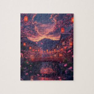 Rompecabezas de Pueblo Japonés de Anime al Atardec