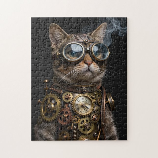 Rompecabezas de retrato de gato mecánico Steampunk (Vertical)