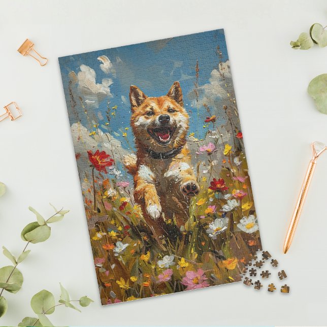 Rompecabezas de Shiba Inu en Campo de Flores Silve (Subido por el creador)