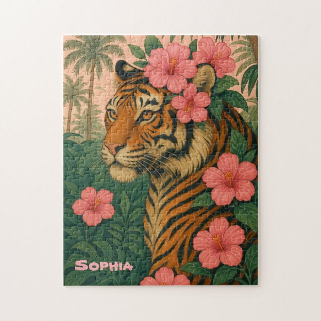 Rompecabezas de Tigre Vintage con Flores Tropicale (Vertical)