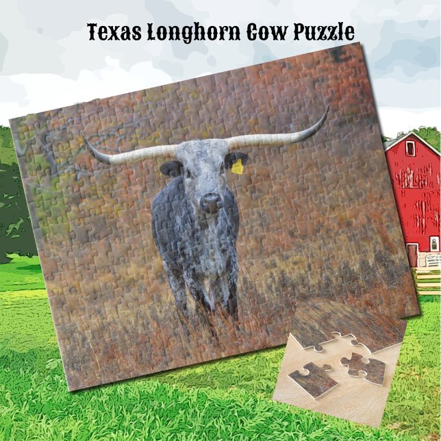 Rompecabezas de vaca rayado en Longhorn (Pretty Gray Texas Longhorn Cow Puzzle)