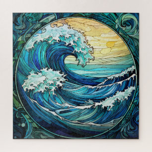 Rompecabezas de vidrio manchado de olas oceánicas